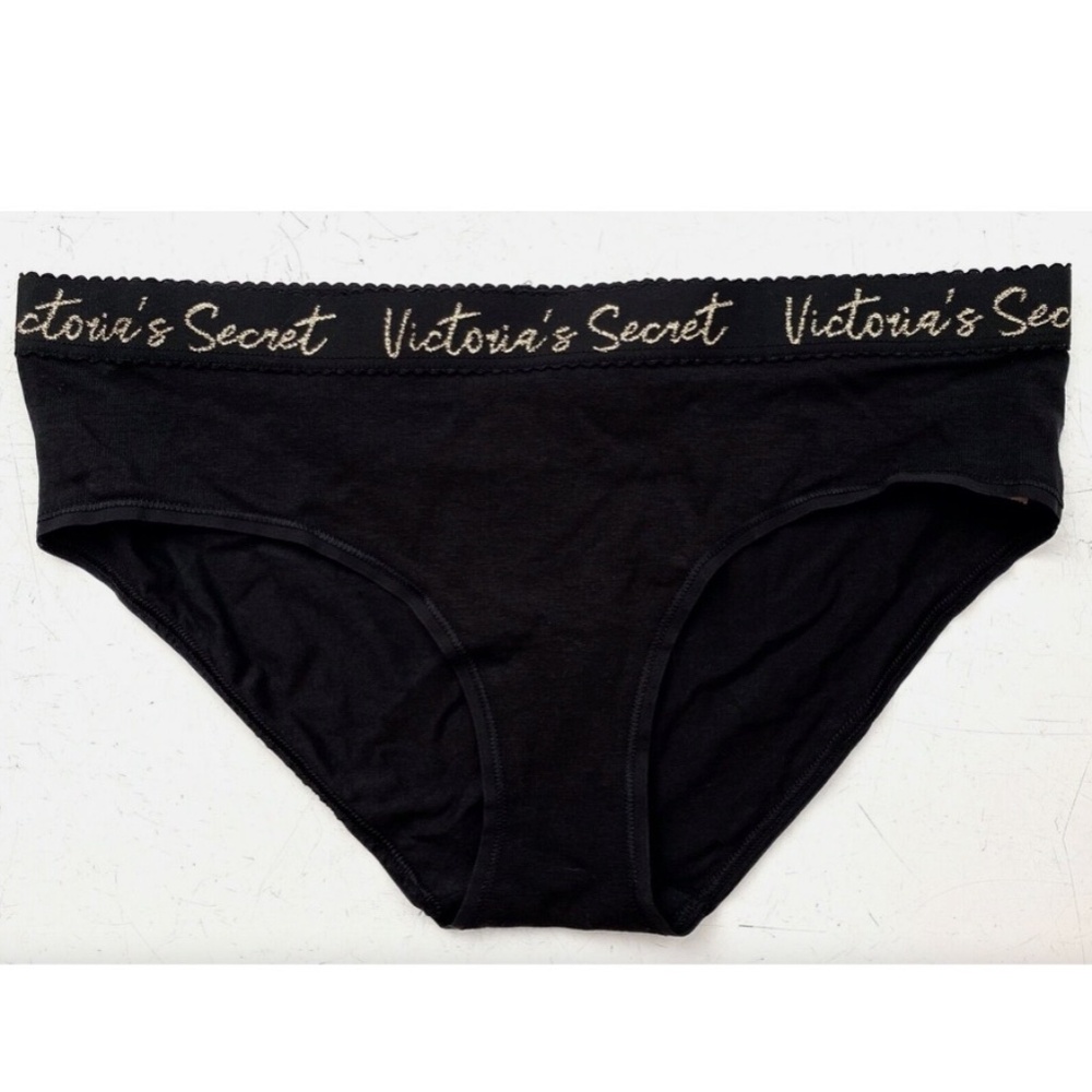 Victorias Secret Nwt Black w/ Gold Logo Band Cotton Blend Hiphugger Panty L